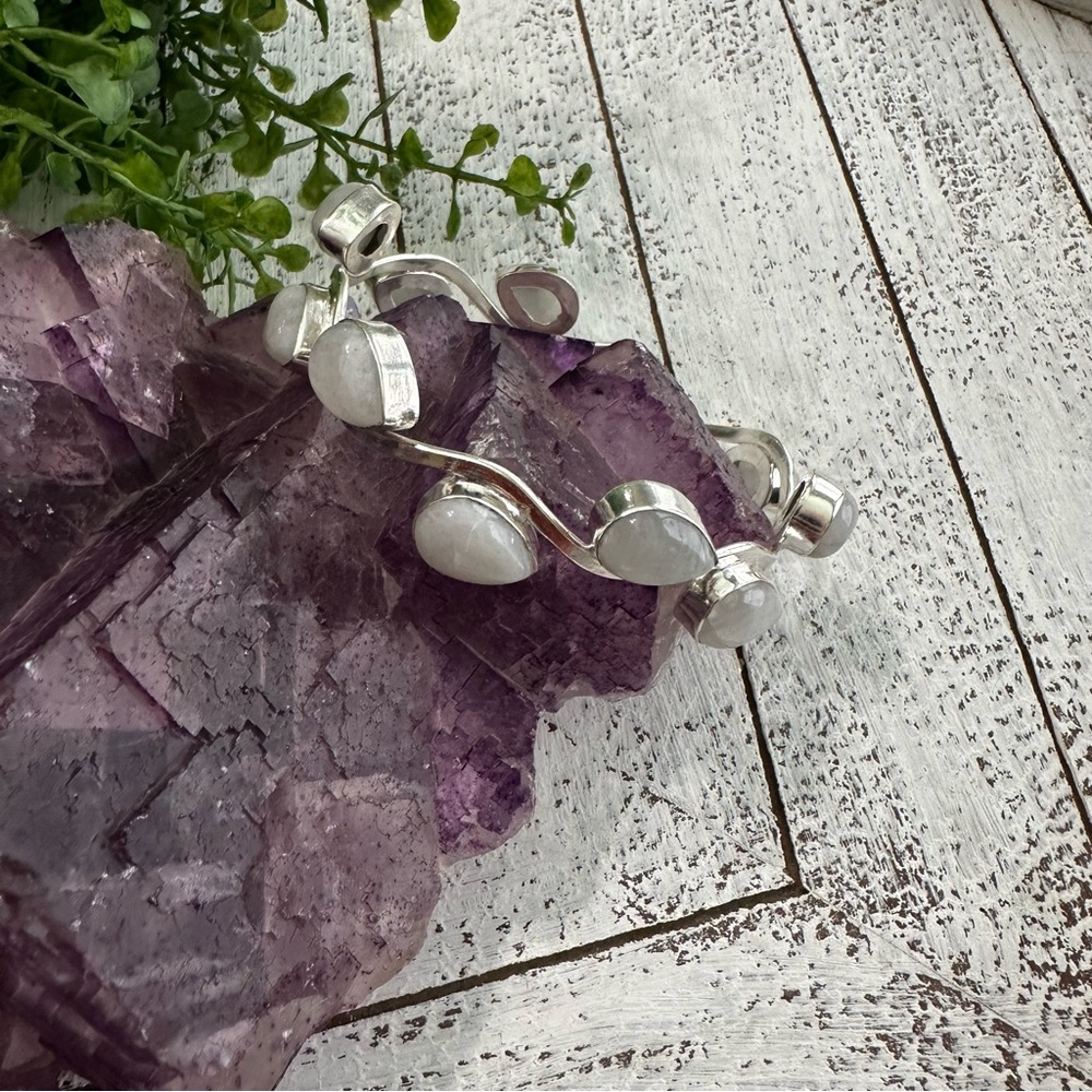 Moostone teardrop gemstone sterling silver plated bracelet cuff
